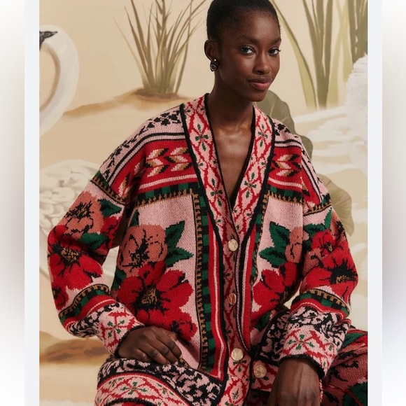 Farm Rio Floral Knit Cardigan Sweater - Pink and Red - Picture 1 of 17